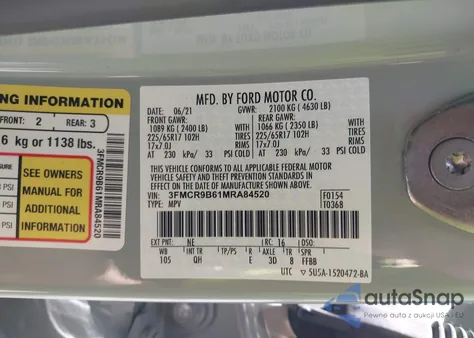 2021 Ford Bronco Sport Big Bend z USA, uszkodzony, nr VIN 3FMCR9B61MRA84520